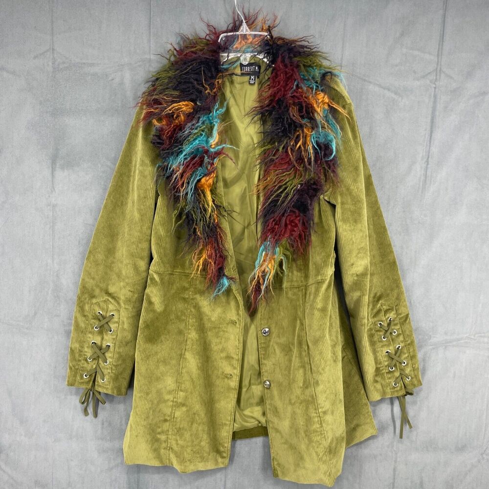 Current Mood Stand Back Corduroy Coat Womens Medium Green Afghan Penny Lane